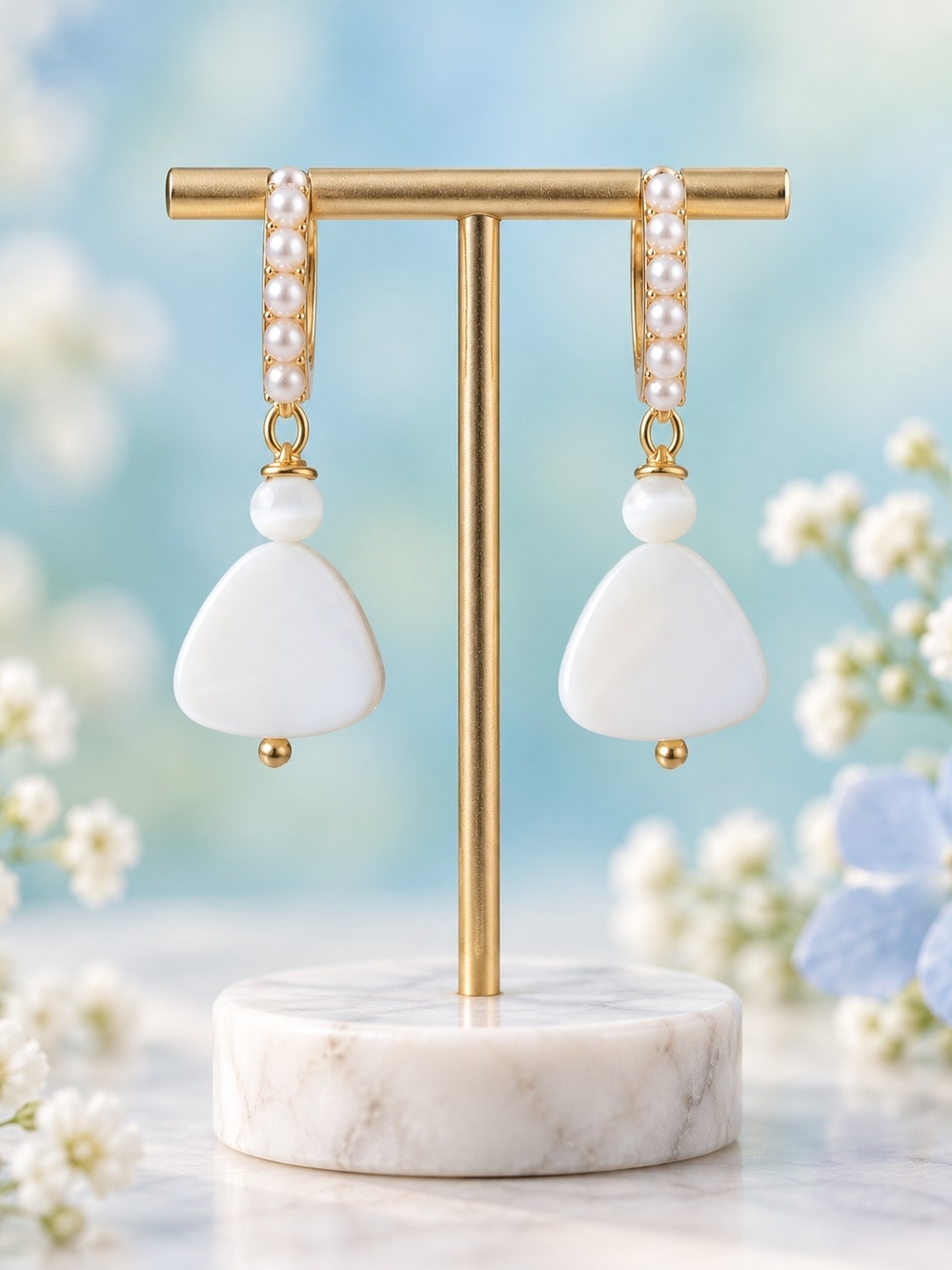 Gold and White Pearl Drop Earrings - Elegant White Bead Dangles